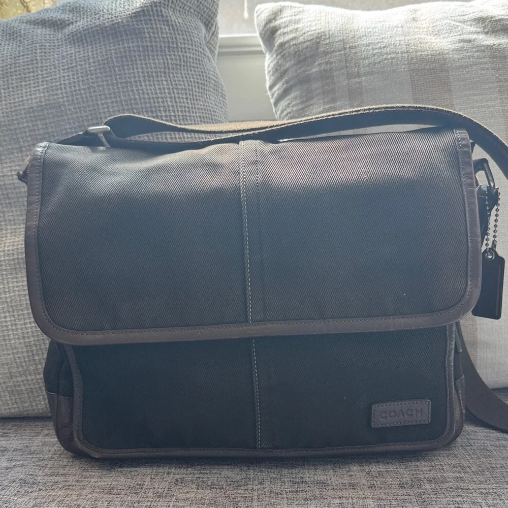 Coach Black Messenger Bag with Brown Leather Trimming & Brown Handle
